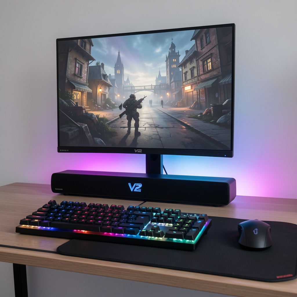 Razer Leviathan V2 gaming soundbar sa RGB Chroma osvetljenjem ispod monitora na gaming stolu sa RGB tastaturom i mišem