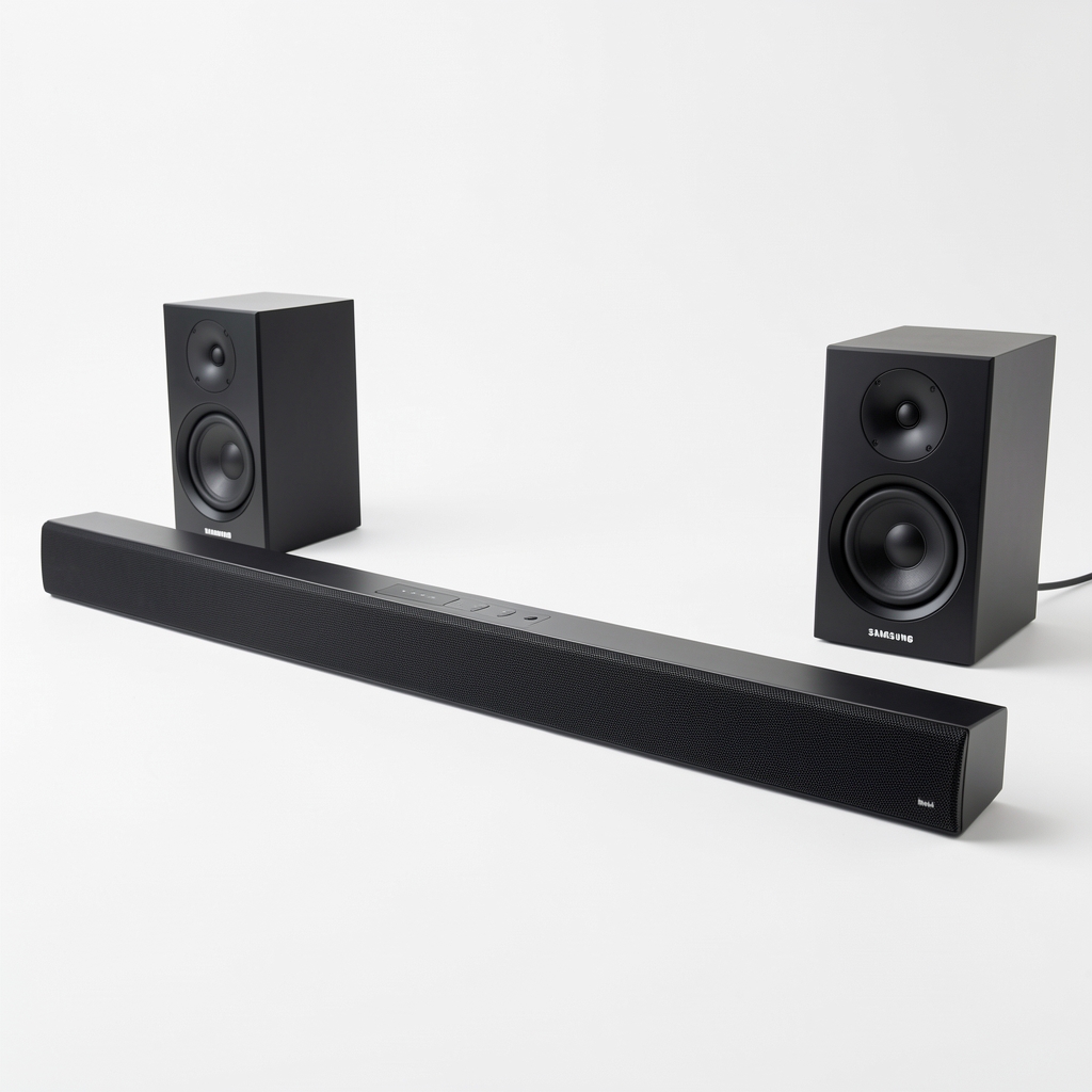 Samsung HW-Q990C crni soundbar 11.1.4 kanalni Dolby Atmos sistem sa dva pozadinska zvučnika i bežičnim subwooferom na beloj pozadini