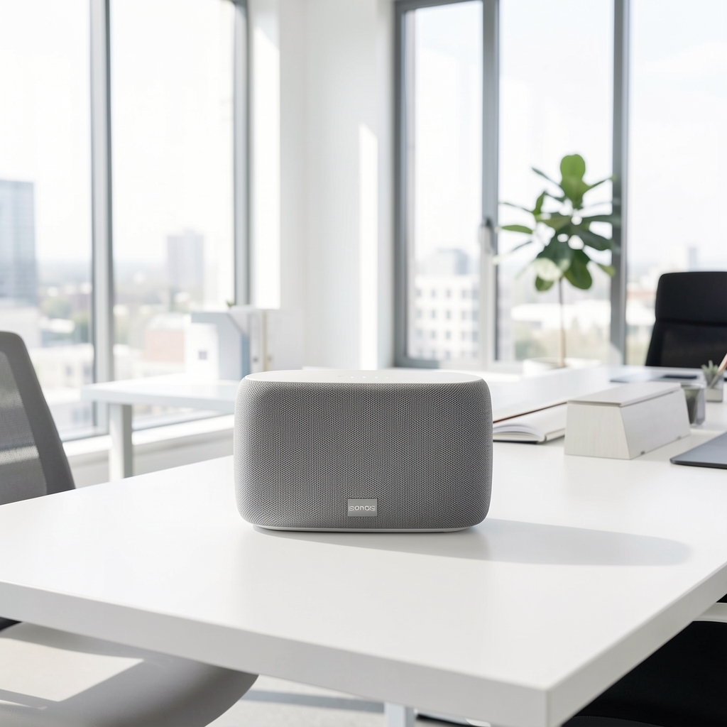 Sonos Era 100 beli kompaktni smart zvučnik sa ravnim dizajnom i Sonos logom, prikazan na bijelom stolu u modernoj kancelariji