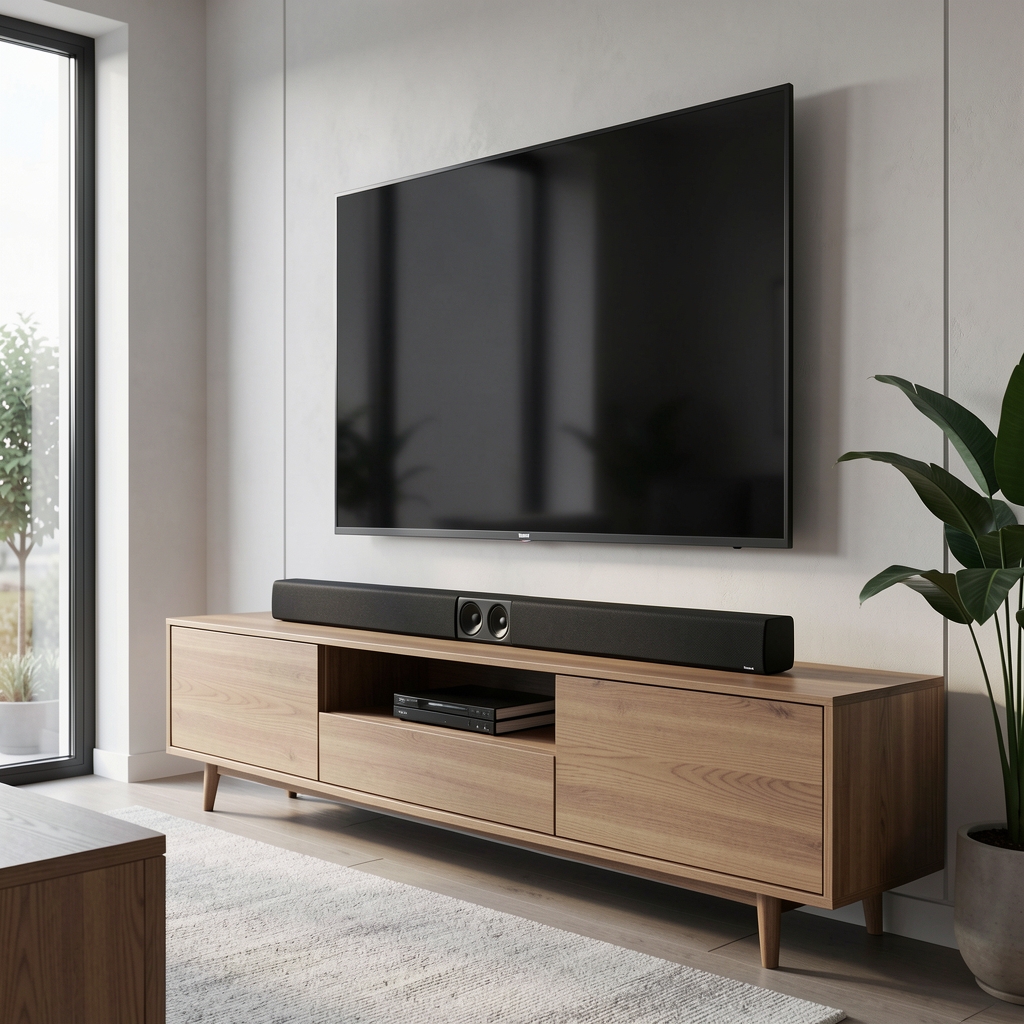 Sony HT-A7000 elegantni crni soundbar 7.1.2 kanala sa ugrađenim prednjim soundom ispod Sony televizora u modernom enterijeru