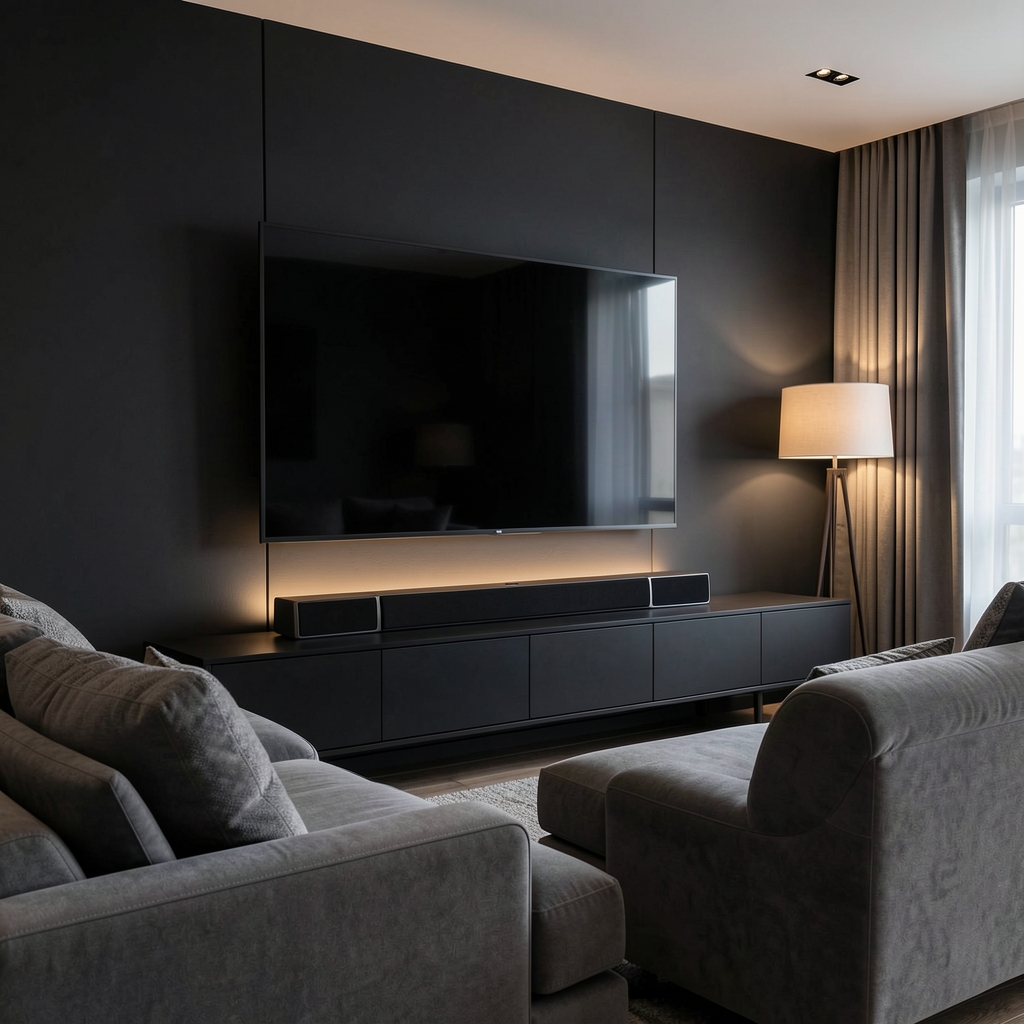Moderni tanki soundbar ispod velikog OLED televizora u elegantnoj tamnoj dnevnoj sobi sa udobnim sivim kaučem i ambijentalnim pozadinskim osvetljenjem