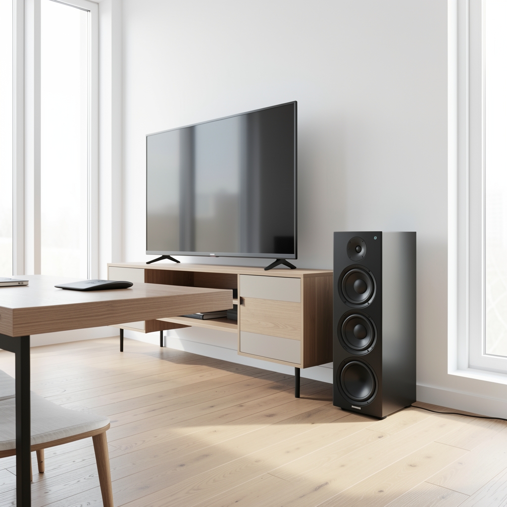 Crni bežični subwoofer Samsung HW-Q990C kompleta postavljen pored televizorskog stalka na drvenom podu