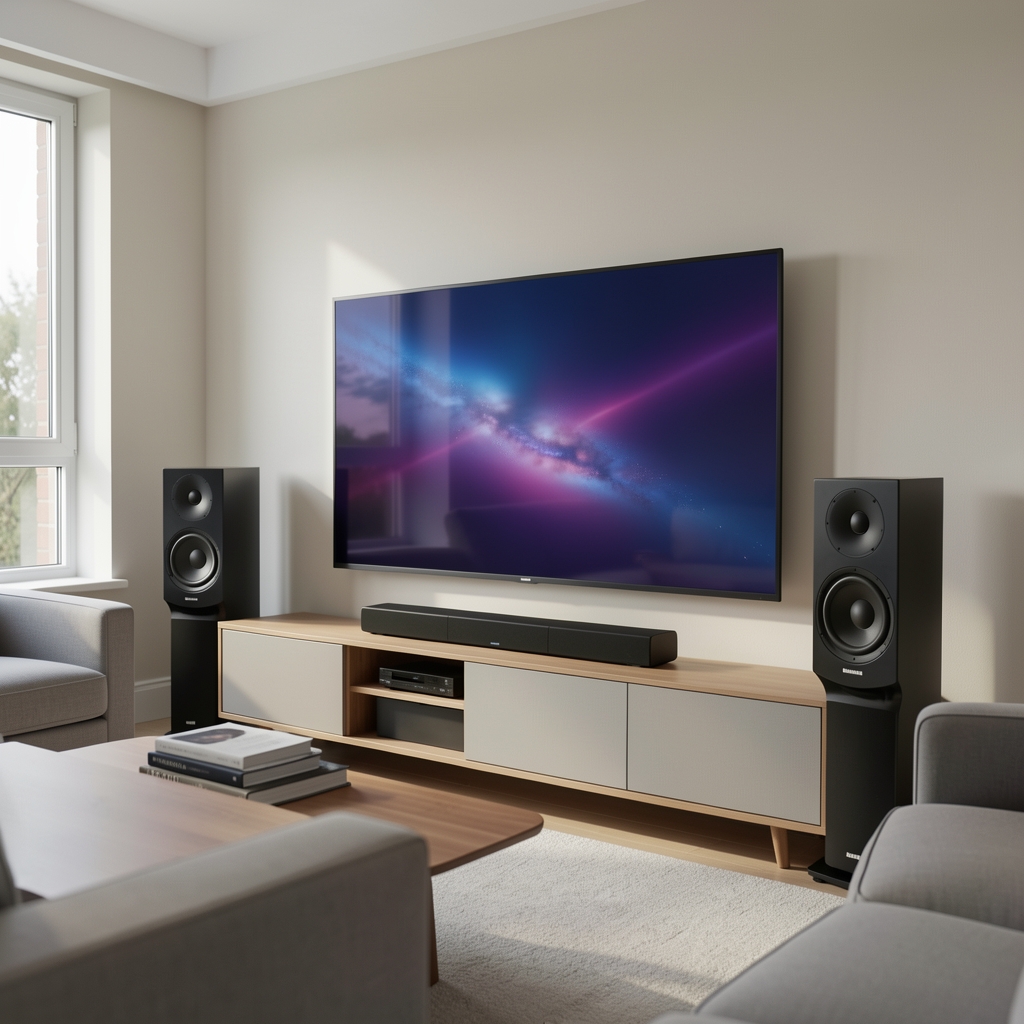 Samsung HW-Q990C crni soundbar 11.1.4 kanalni sa bežičnim subwooferom i bežičnim rear zvučnicima raspoređenim u modernom dnevnom boravku ispred 75-inčnog QLED televizora