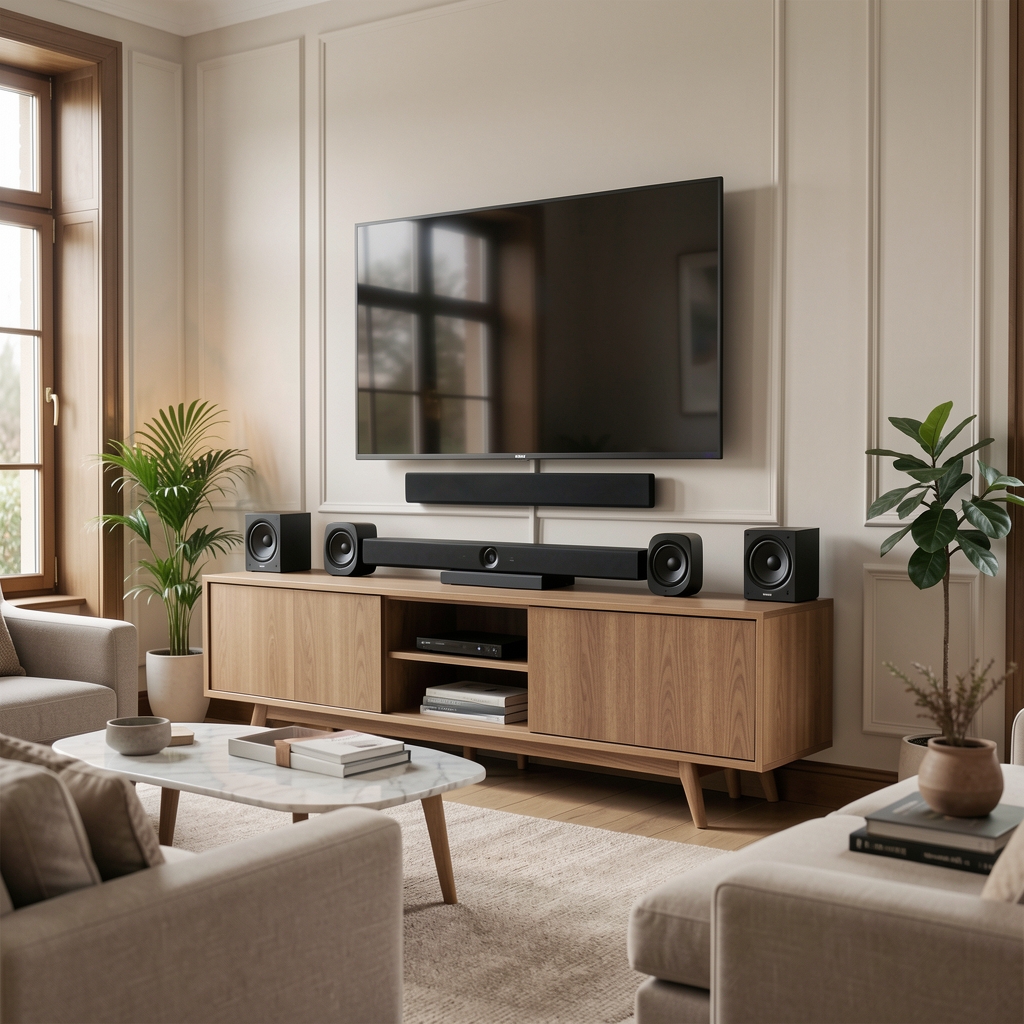 Sony HT-A7000 premium crni soundbar sa sedam ugrađenih zvučnika i dve gore usmerene jedinice za Atmos efekte, postavljen ispod Sony Bravia XR televizora u elegantnom dnevnom boravku