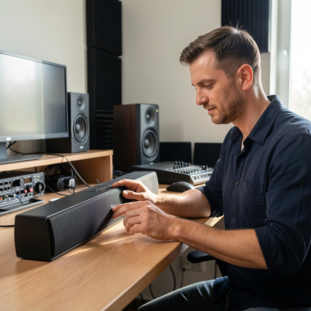 Bojan Nikolić, AV tehničar i tester Sonivore, muškarac u tridesetim godinama koji testira soundbar opremu u test sobi