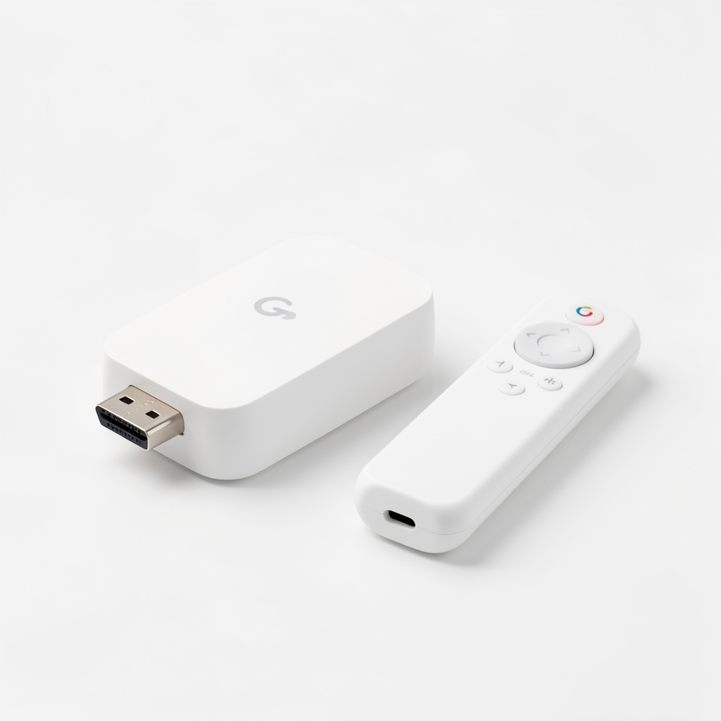 Google Chromecast sa Google TV snežno beli dongle uređaj sa HDMI konektorom i daljinskim upravljačem sa Google Assistant dugmetom, prikazan na čistoj beloj podlozi