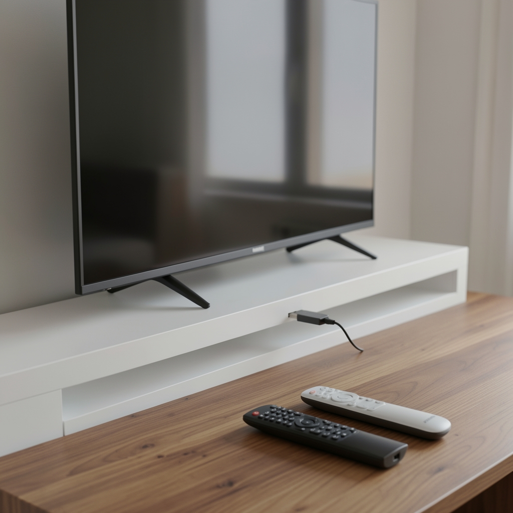 Moderni televizor na bijeloj polici sa streaming stick-om priključenim na HDMI port i elegantnim daljinskim upravljačem na drvenom stolu