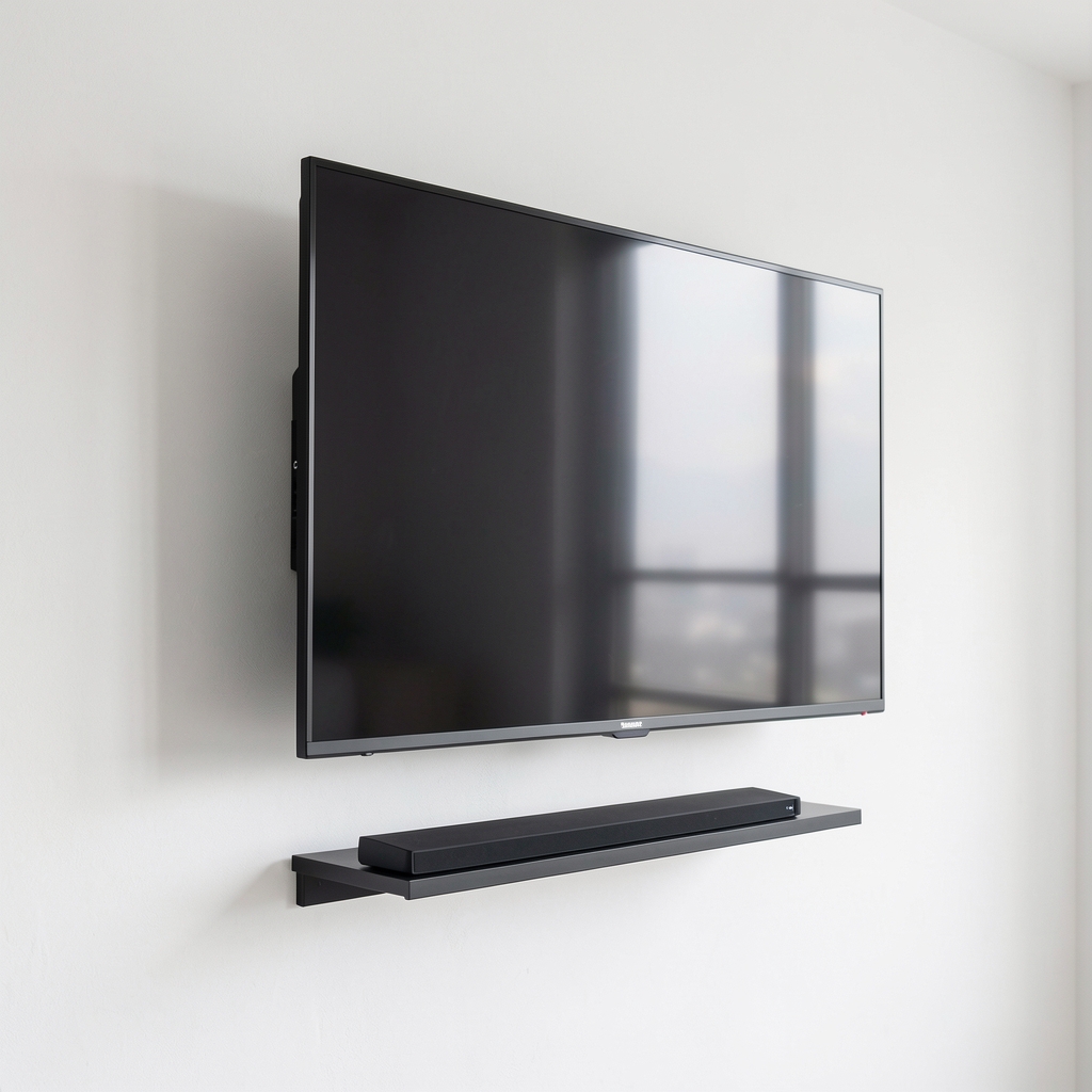 Vogels TVM 3445 crni zidni TV nosač sa punom pokretljivošću montiran na bijeli zid sa 65-inčnim Samsung QLED televizorom, okretanje 120 stepeni u stranu, nagib 20 stepeni