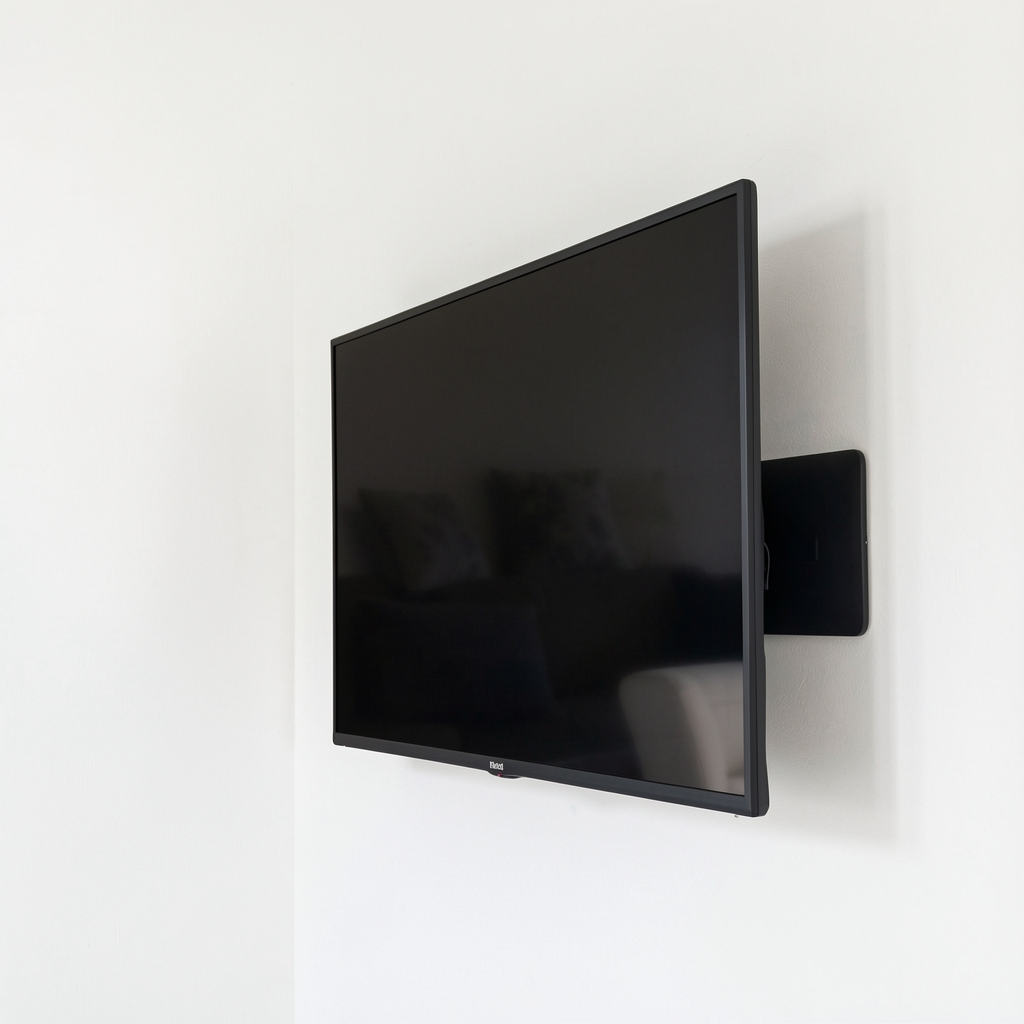 Vogels TVM 3445 crni zidni nosač za televizor koji se može rotirati i nagibati, prikazan sa velikim televizorom na bijelom zidu