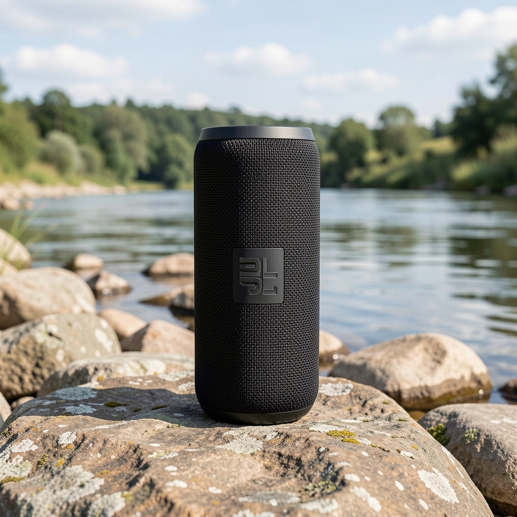 JBL Charge 5 crni prenosivi Bluetooth zvučnik cilindričnog oblika sa teksturiranom gumenom površinom i vidljivim JBL logotipom, prikazan na kamenom terenu uz reku
