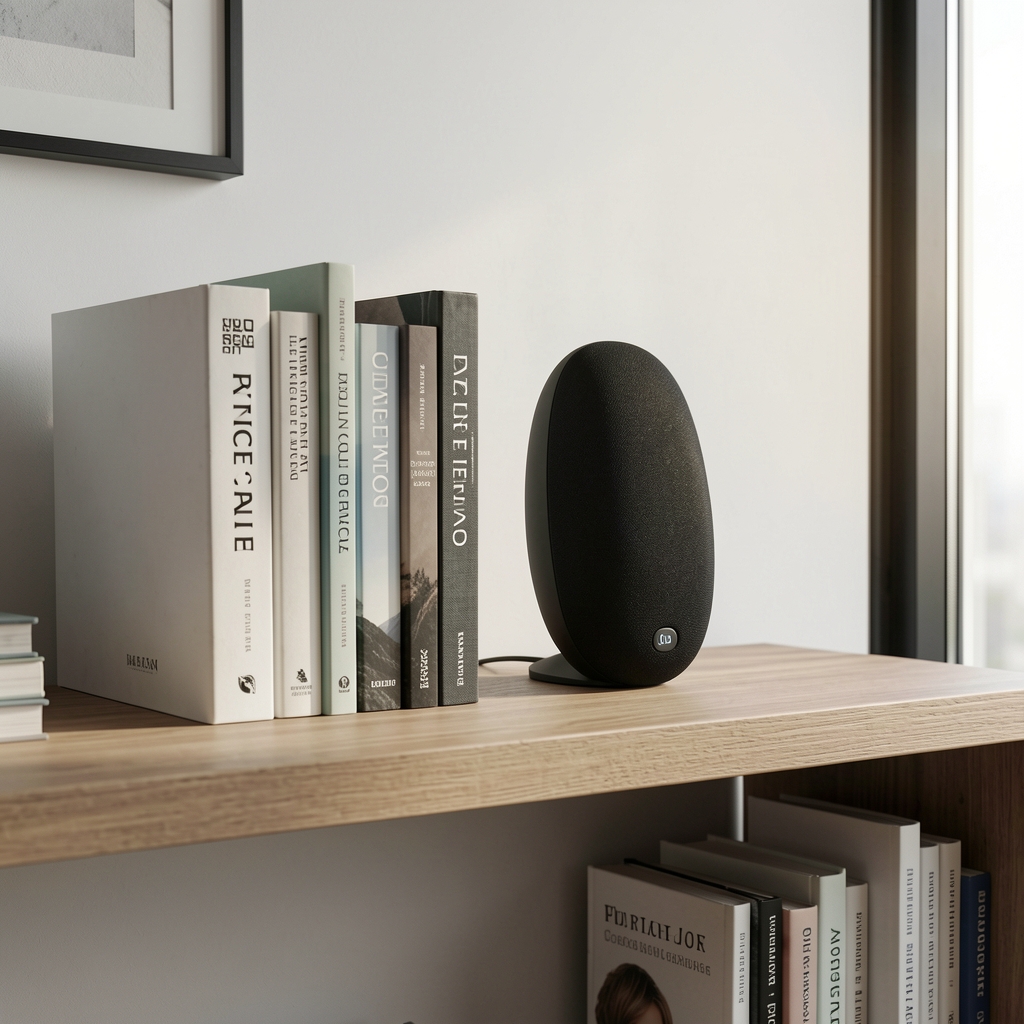 Sonos Era 100 crni bežični stereo zvučnik ovalne forme sa mat teksturiranom površinom, postavljen na polici sa knjigama u modernom minimalističkom enterijeru